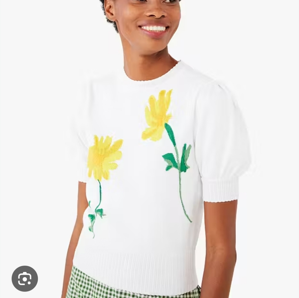 Kate Spade White Top with Yellow Floral Embroidery sz xs